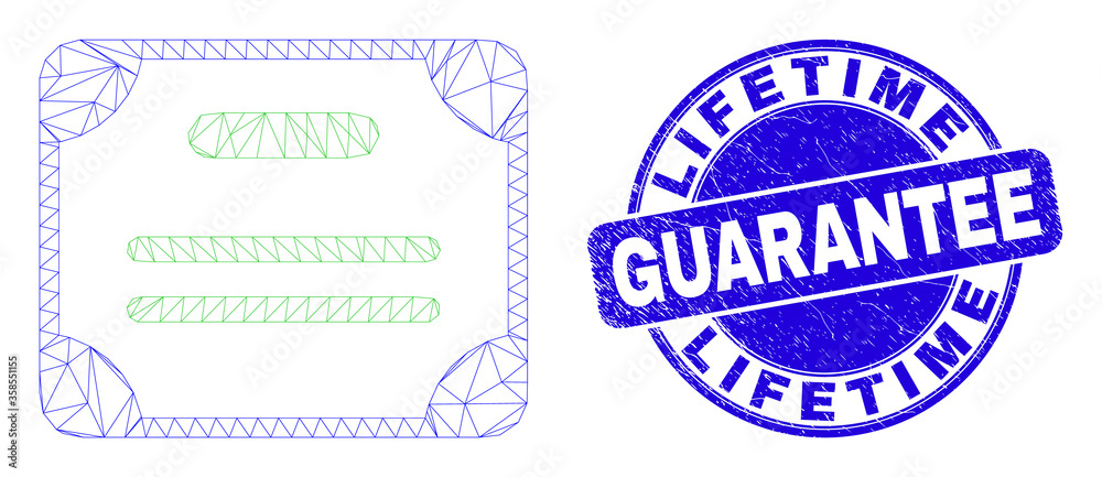 Web mesh certificate diploma icon and Lifetime Guarantee seal. Blue vector round distress seal with Lifetime Guarantee title. Abstract frame mesh polygonal model created from certificate diploma icon.