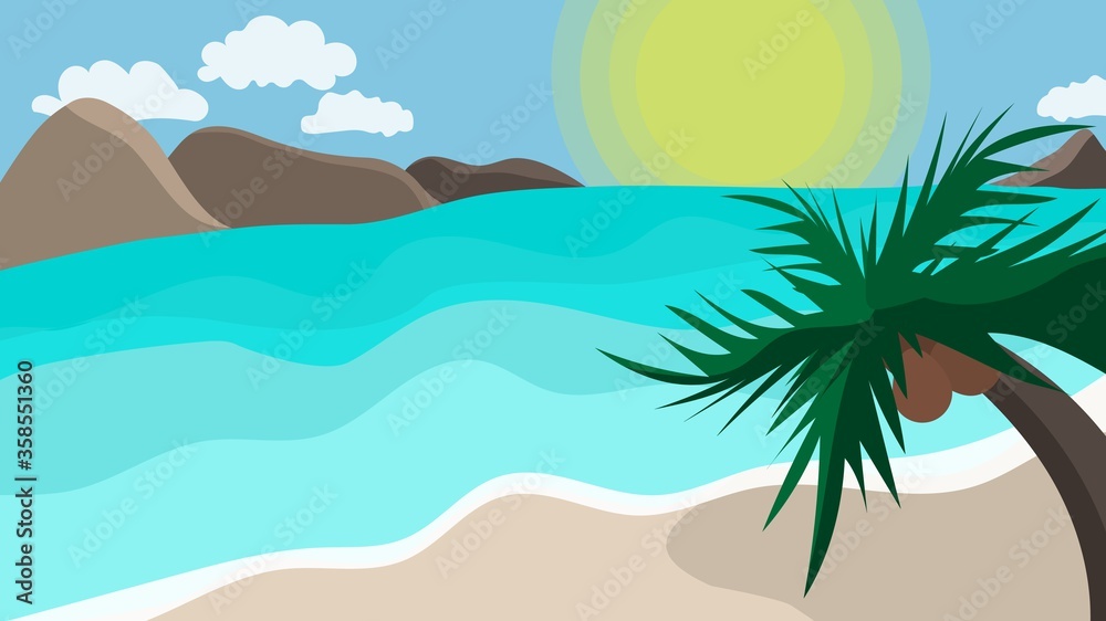 Illustration of a sunny island, sea, beach. Vector image, eps 10