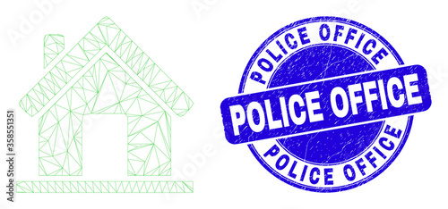 Web mesh home icon and Police Office seal stamp. Blue vector rounded distress stamp with Police Office text. Abstract frame mesh polygonal model created from home icon.