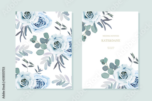Floral set with blue roses. Wedding Invitation, save the date, rsvp, invite card. Vector illustration. Celebration template