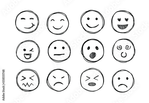Hand drawn emojis faces. Doddle emoticons sketch, thin line icons of happy sad face, vector illustration