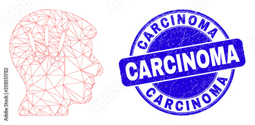 Web carcass headache pictogram and Carcinoma seal stamp. Blue vector rounded grunge seal with Carcinoma phrase. Abstract frame mesh polygonal model created from headache pictogram.