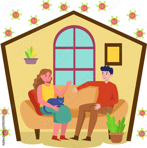 Man and women are enjoying their time together while staying safe at home illustration