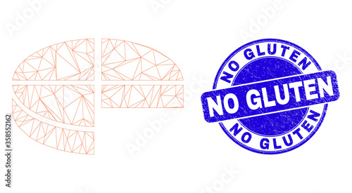 Web carcass pie chart pictogram and No Gluten seal stamp. Blue vector round textured seal stamp with No Gluten title. Abstract carcass mesh polygonal model created from pie chart pictogram.