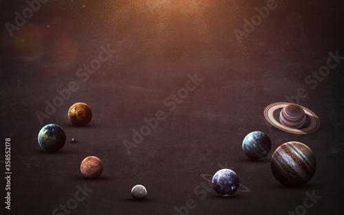 High resolution images presents planets of the solar system on chalkboard. This image elements furnished by NASA