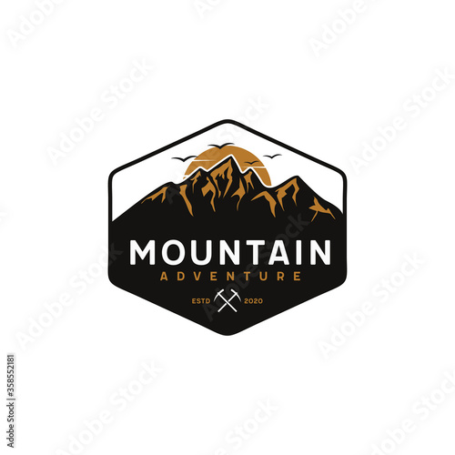 Mountain, outdoor, adventure retro badge logo with the sun
