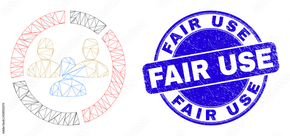 Web carcass social pie chart pictogram and Fair Use stamp. Blue vector round distress seal stamp with Fair Use message. Abstract frame mesh polygonal model created from social pie chart pictogram. Web carcass social pie chart pictogram and Fair Use stamp. Blue vector round distress seal stamp with Fair Use message. Abstract frame mesh polygonal model created from social pie chart pictogram.