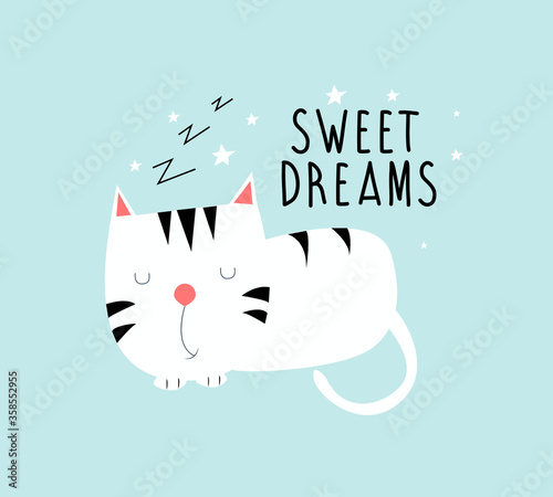 Cute cat vector illustration for the t-shirt design with the slogan. Vector illustration design for fashion fabrics, textile graphics, prints.