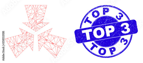 Web mesh triple roads intersection pictogram and Top 3 seal stamp. Blue vector round scratched seal stamp with Top 3 title.