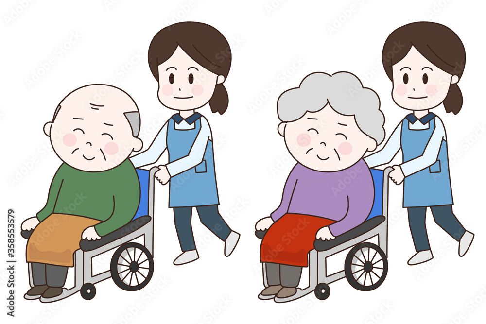 Social worker on a walk with a disabled senior citizen with lap robe in a wheelchair. Vector illustration isolated on white background.