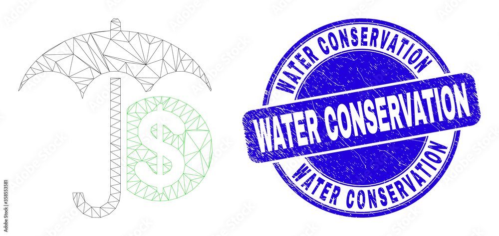 Obraz premium Web mesh financial umbrella pictogram and Water Conservation stamp. Blue vector rounded grunge stamp with Water Conservation caption.