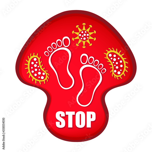 Stop foot nail fungus infection sign. Red mushroom with footprints and fungal bacteria in it. Concept mycosis, skin diseases of legs, derma treatment. Icon for antifungal agents packaging. Flat vector