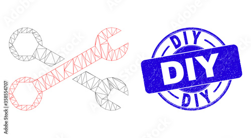 Web carcass wrenches pictogram and Diy stamp. Blue vector round grunge seal stamp with Diy phrase. Abstract carcass mesh polygonal model created from wrenches pictogram.