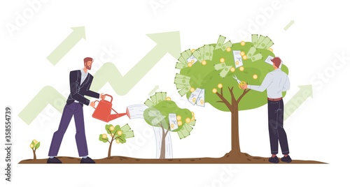 Businessman watering sprout, growing money tree, cutting cash banknote, gold coin, dollar bills dividends by scissors. Successful business income. Profitable investment project. Harvesting concept