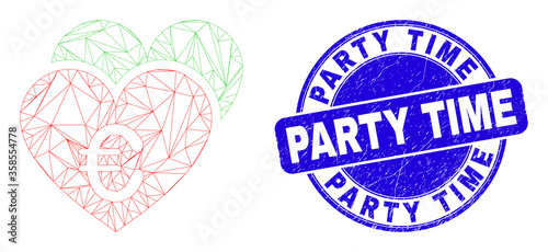 Web mesh euro love hearts icon and Party Time seal. Blue vector round scratched seal with Party Time message. Abstract carcass mesh polygonal model created from euro love hearts pictogram.
