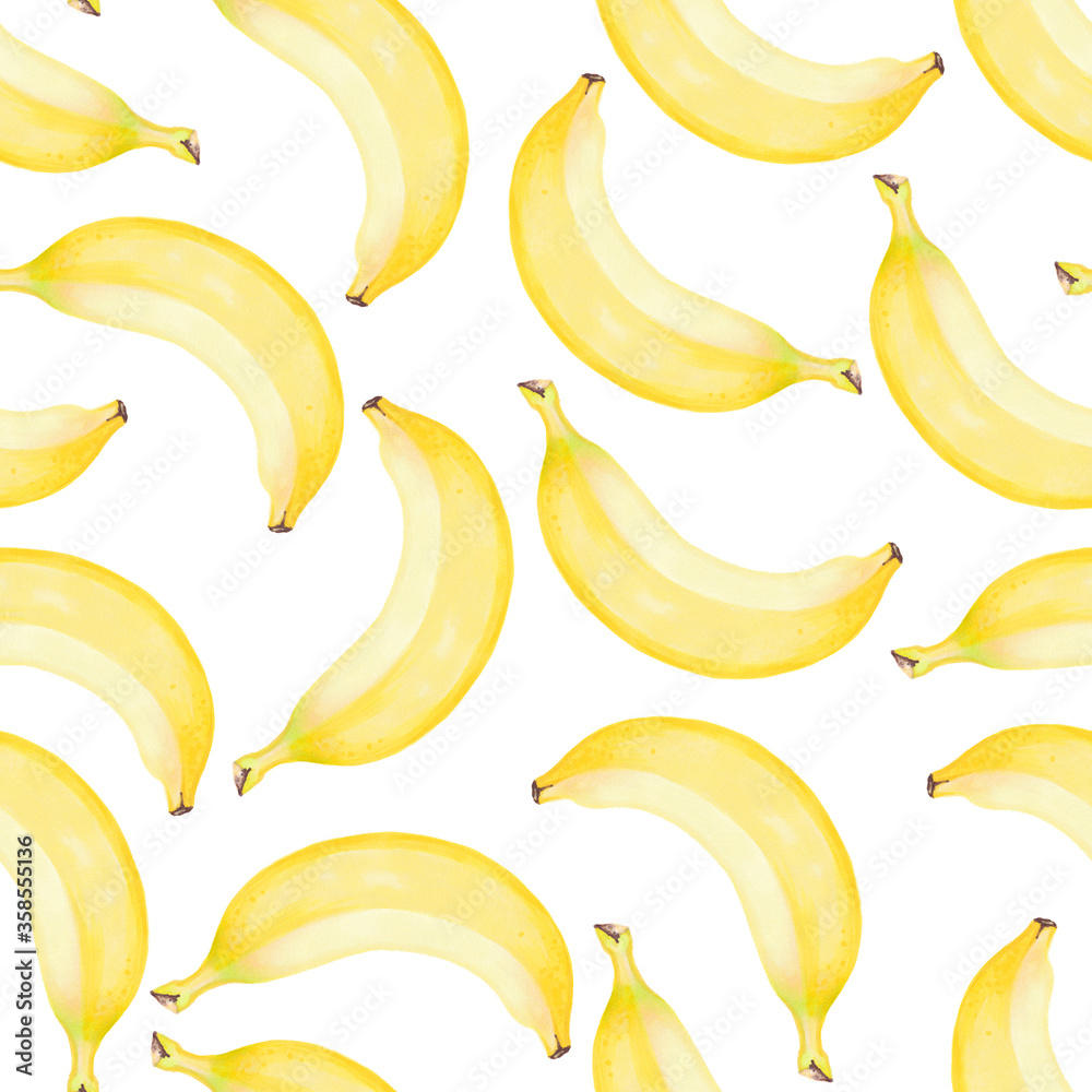 Hand drawn watercolor seamless pattern of yellow bananas fruits set with banana flower. Hand drawn watercolor seamless pattern of yellow bananas fruits set with banana flower.