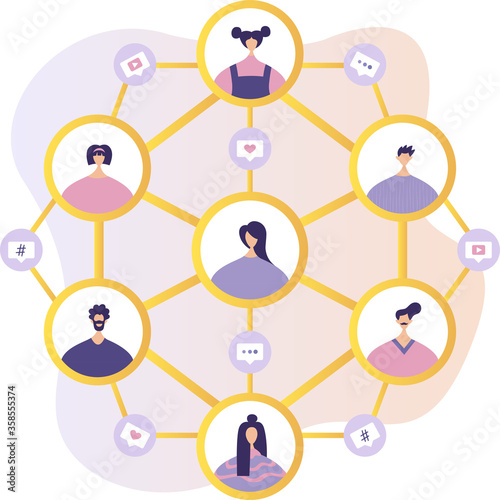 Social network. Social network concept. Tiny people communicate by exchanging data, photos, videos, links, posts on social networks. Vector flat illustration in modern style.