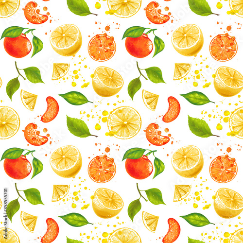  Lemon orange mandarin tangerine with leaves hand drawn watercolor seamless pattern