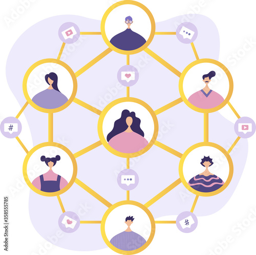 Social network. Social network concept. Tiny people communicate by exchanging data, photos, videos, links, posts on social networks. Vector flat illustration in modern style.