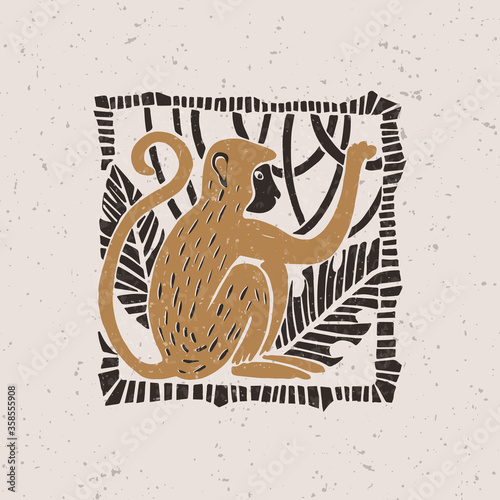 Photography Illustration with a stylized monkey in the technique of linocut