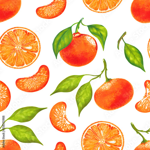 Watercolor illustration of colorful mandarin, tangerine, orange seamless pattern. Hand drawn. 