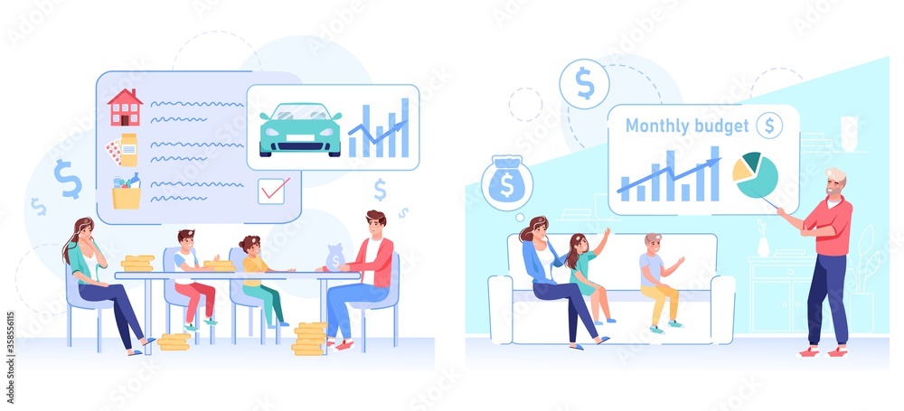 Monthly family budget set. Financial economy strategy planning. Father, mother, children accounting money profit, analyzing income, discussing expenses, targeting money saving for dream purchase