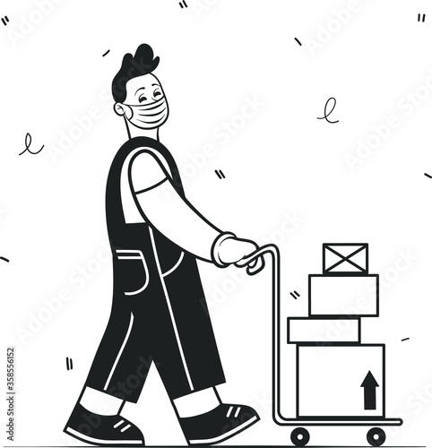 Couriers carrying boxes in medical mask and gloves. Concept of contactless or to the door delivery. Coronavirus quarantine shop or store food or medical supplies express fast delivery service.
