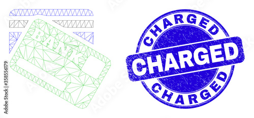 Web carcass bank cards pictogram and Charged stamp. Blue vector round distress seal stamp with Charged message. Abstract carcass mesh polygonal model created from bank cards icon.