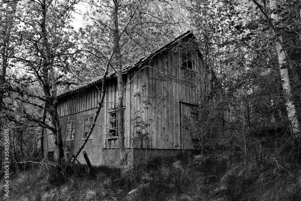 Black and white photograph of a barn in Sweden