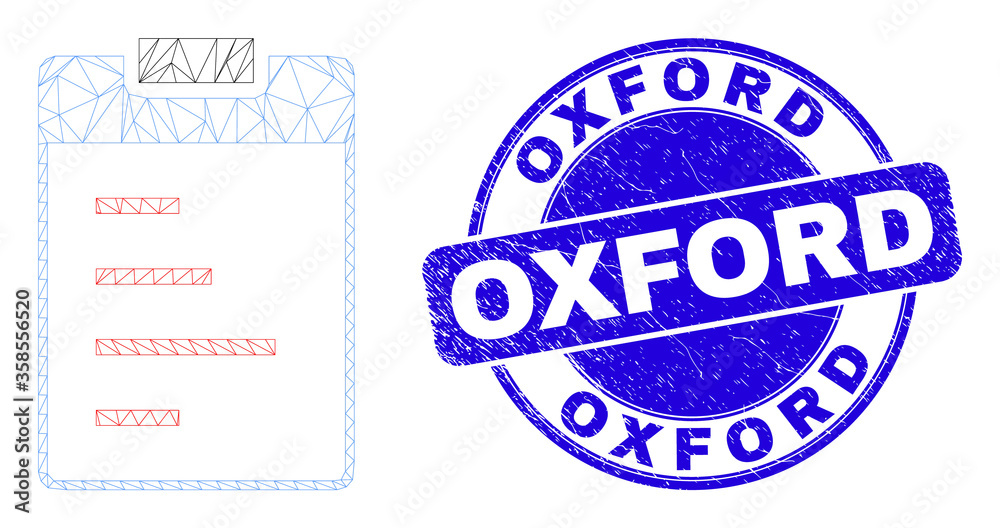 Web carcass text pad icon and Oxford watermark. Blue vector rounded textured watermark with Oxford title. Abstract carcass mesh polygonal model created from text pad pictogram.