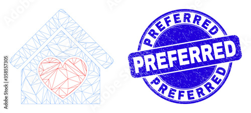 Web carcass love house pictogram and Preferred seal stamp. Blue vector rounded distress seal stamp with Preferred caption. Abstract frame mesh polygonal model created from love house pictogram.
