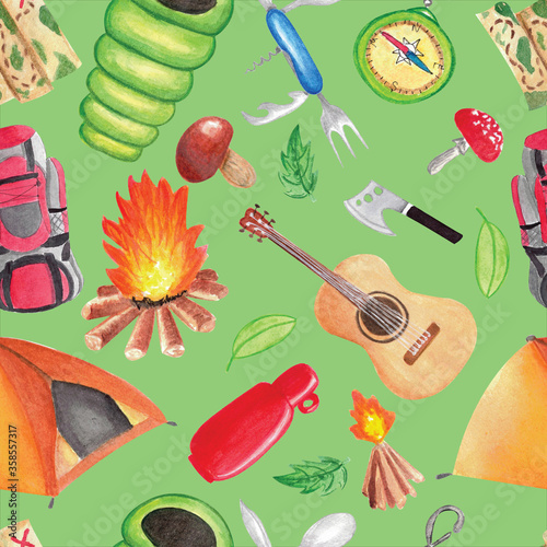 Seamless pattern with equipment for camping, hiking, climbing and expeditions. Watercolor hand drawn illustration