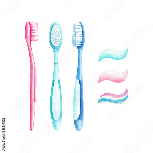 Watercolor toothbrushes on white background isolated. Nice dentifrices for your dental design. Hand drawn pink, blue, 
turquoise toothbrushes and tooth paste.