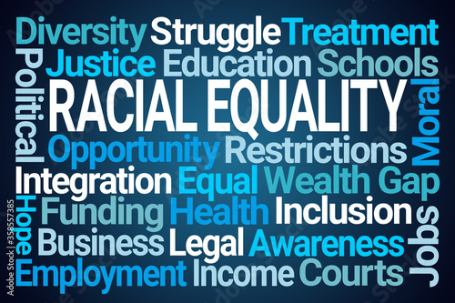 Racial Equality Word Cloud on Blue Background