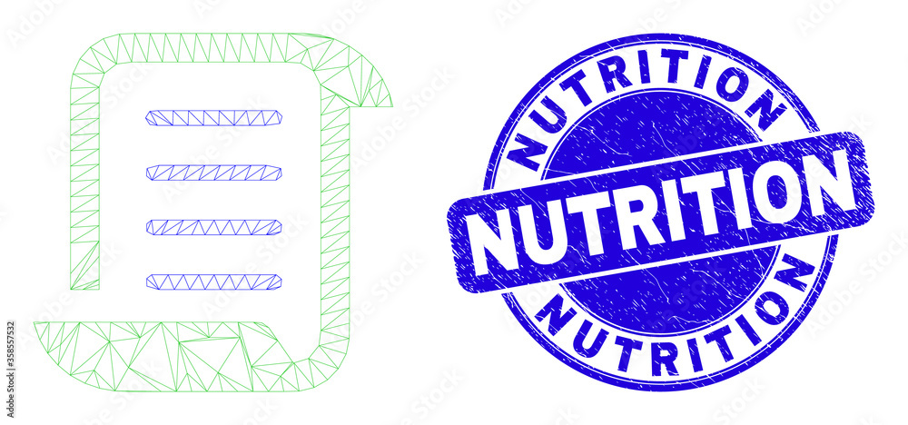 Web mesh scroll list pictogram and Nutrition stamp. Blue vector rounded textured seal stamp with Nutrition phrase. Abstract carcass mesh polygonal model created from scroll list pictogram.