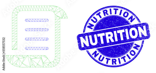 Web mesh scroll list pictogram and Nutrition stamp. Blue vector rounded textured seal stamp with Nutrition phrase. Abstract carcass mesh polygonal model created from scroll list pictogram.