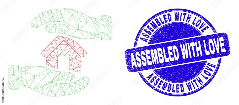 Obraz premium Web mesh hands care home icon and Assembled with Love seal stamp. Blue vector rounded textured seal stamp with Assembled with Love title.