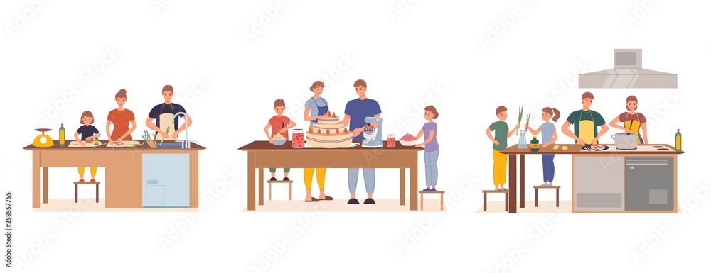 Happy family having children cooking together set. Father, mother, son, daughter preparing vegetables salad, beef steak, soup, glazed cake. Parent children recreation. Daily life, home routine.