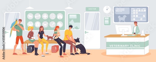 Fototapeta Naklejka Na Ścianę i Meble -  People bringing domestic animal to veterinary clinic. Pet owner carrying dog, cat, parrot, rabbit waiting doctor veterinarian. Queue at reception desk. Administrator or nurse registering clients