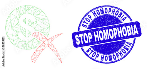 Web mesh forbidden dollar icon and Stop Homophobia watermark. Blue vector round distress watermark with Stop Homophobia phrase.