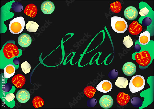salad isolated on black background. Greek salad: red tomatoes,  cheese, lettuce, cucumber, olives and olive oil