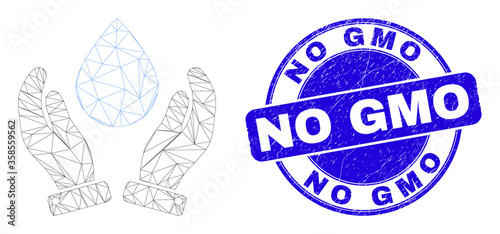 Web mesh water drop care hands icon and No GMO seal stamp. Blue vector rounded grunge seal stamp with No GMO phrase. Abstract carcass mesh polygonal model created from water drop care hands icon.