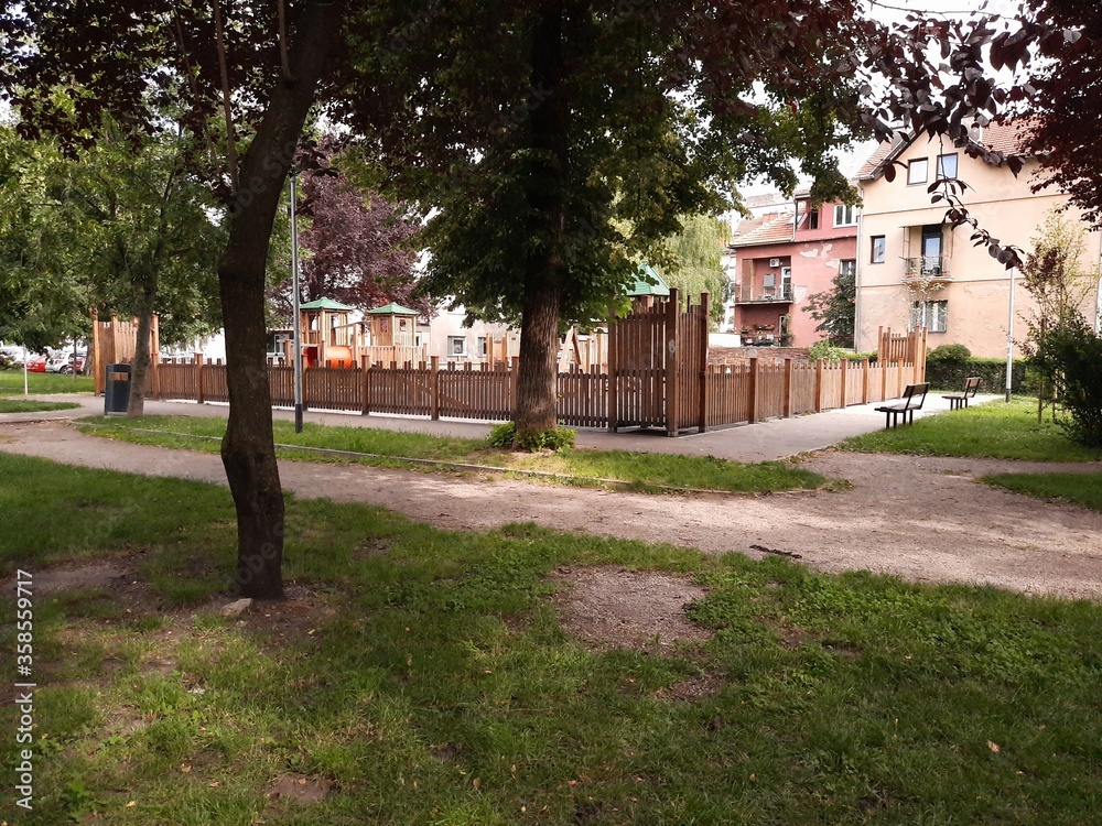 Empty public park and children playground during coronavirus lockdown in Zagreb, Croatia Empty public park and children playground during coronavirus lockdown in Zagreb, Croatia