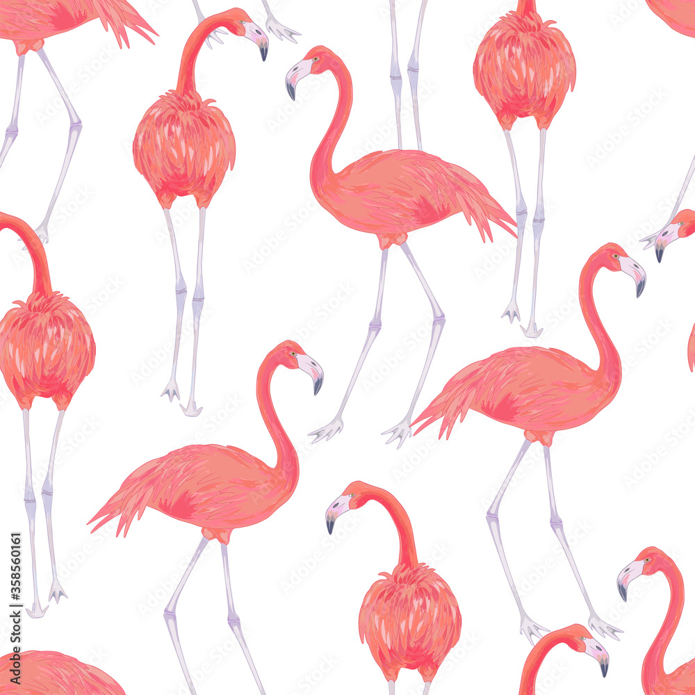 Obraz premium Vector with watercolor effect illustration of pink flamingo bird seamless pattern. 