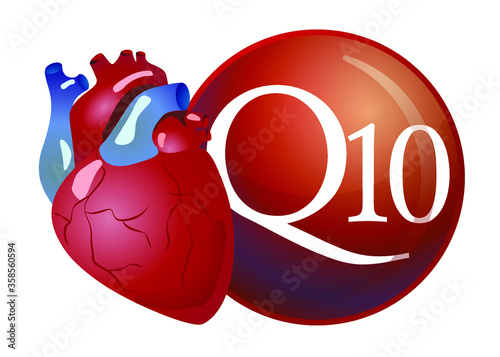 Coenzyme q10 and heart. Substance for maintaining cardiac activity. Basics of a healthy lifestyle. Great for label design, icon, logo, poster, banner