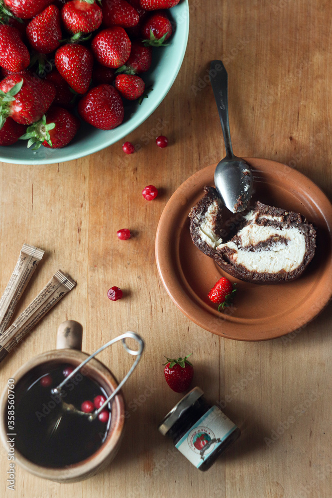 flat lay with strawberry and chocolate cake flat lay with strawberry and chocolate cake