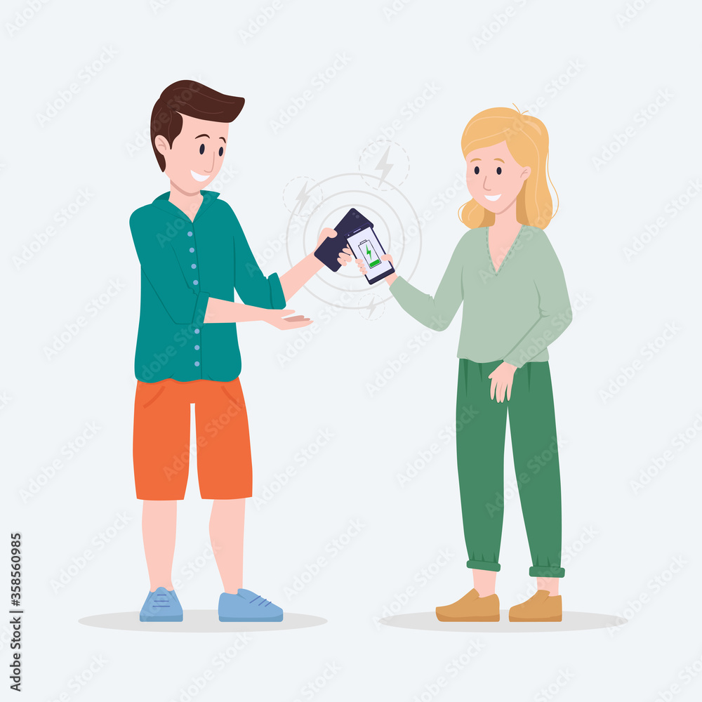 Vector illustration: man and woman charge the phone. Wireless charger. Vector illustration: man and woman charge the phone. Wireless charger.