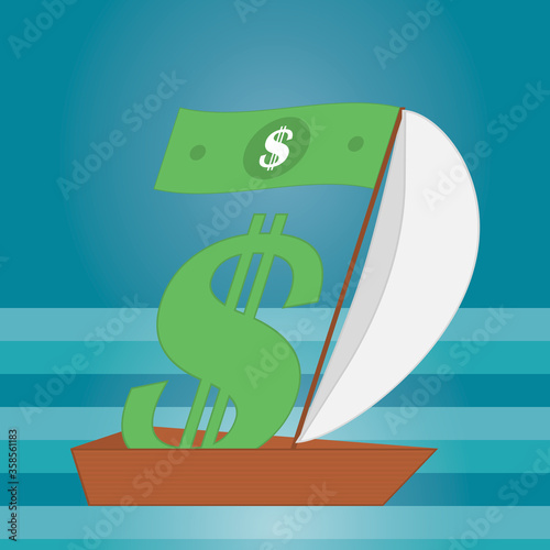 A dollar sign is floating in a boat with sails and a paper dollar on the mast in the form of a flag or banner. Vector illustration.