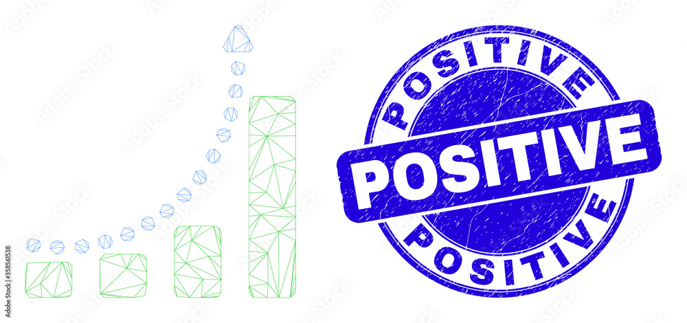 Web mesh growing chart trend icon and Positive seal. Blue vector rounded scratched seal stamp with Positive phrase. Abstract carcass mesh polygonal model created from growing chart trend icon.