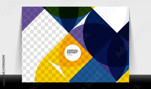 Horizontal A4 business flyer annual report template, circles and triangle style shapes modern geometric design for brochure layout, magazine or booklet
